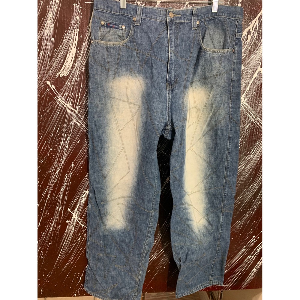 Vtg Source Jeans Mens 40x32 Blue Baggy Wide Leg Y2K Streetwear Geometric Stitch